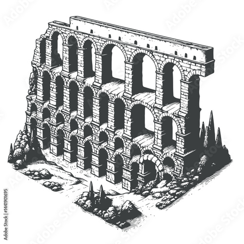 A Roman aqueduct shrouded in vegetation, showcasing the grandeur of ancient architecture in a scenic and historic environment