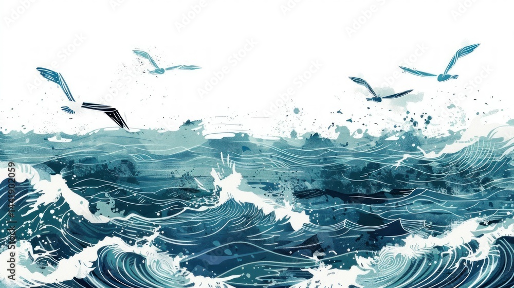 Obraz premium Hand-drawn seascape illustration with waves and birds. stock photo --ar 16:9 --raw --v 6 Job ID: 9284a263-5656-4858-bfab-c7b816c3501e