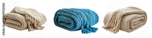 Cozy collection of towels and throws arranged in woven and fabric baskets, isolated on a transparent background.