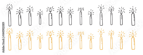 Hanukkah candles doodle hand drawn icon set. Outline Hanukkah candle flame drawing line clipart symbol collection