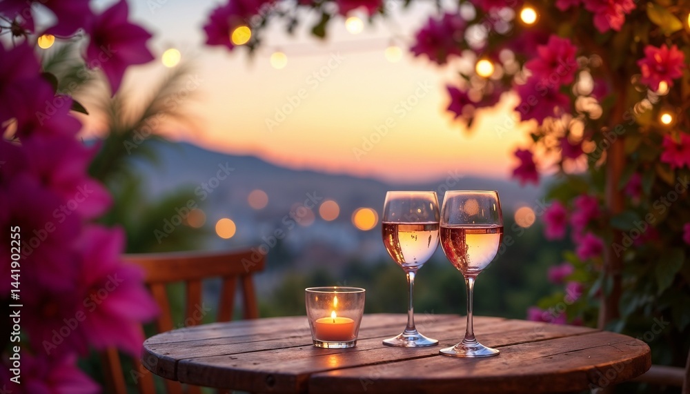 Elegant sunset dinner with wine and candles surrounded by blooming flowers