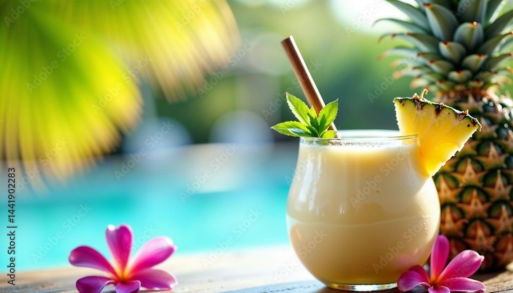 Refreshing tropical drink with pineapple garnish sits beside fresh pineapple and flowers