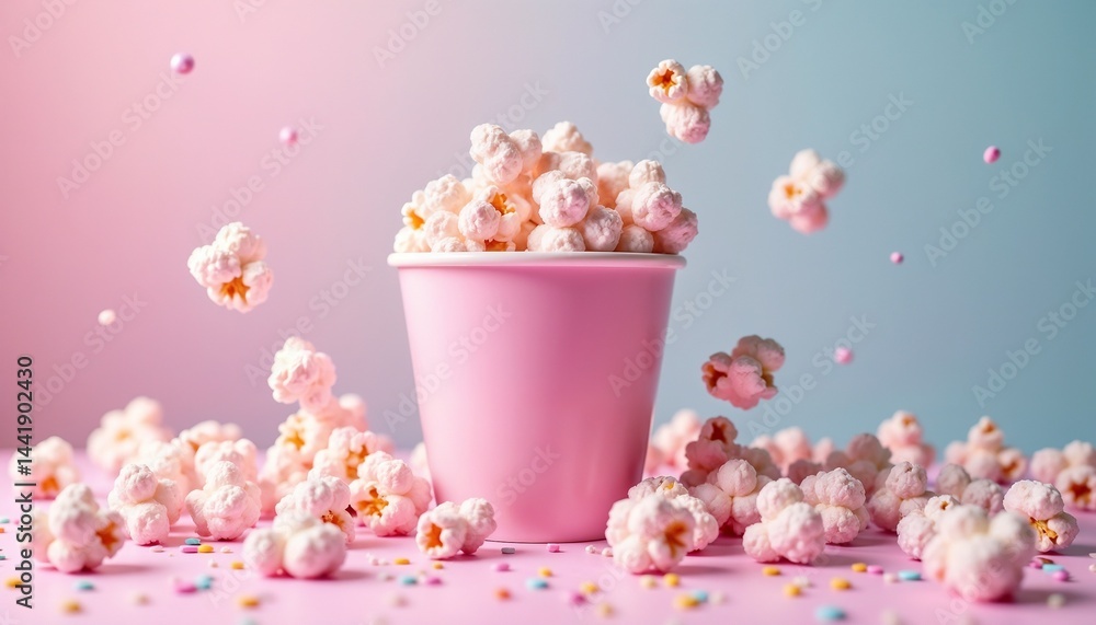 Colorful popcorn spilling from a pink cup on a pastel background during a cheerful snack time