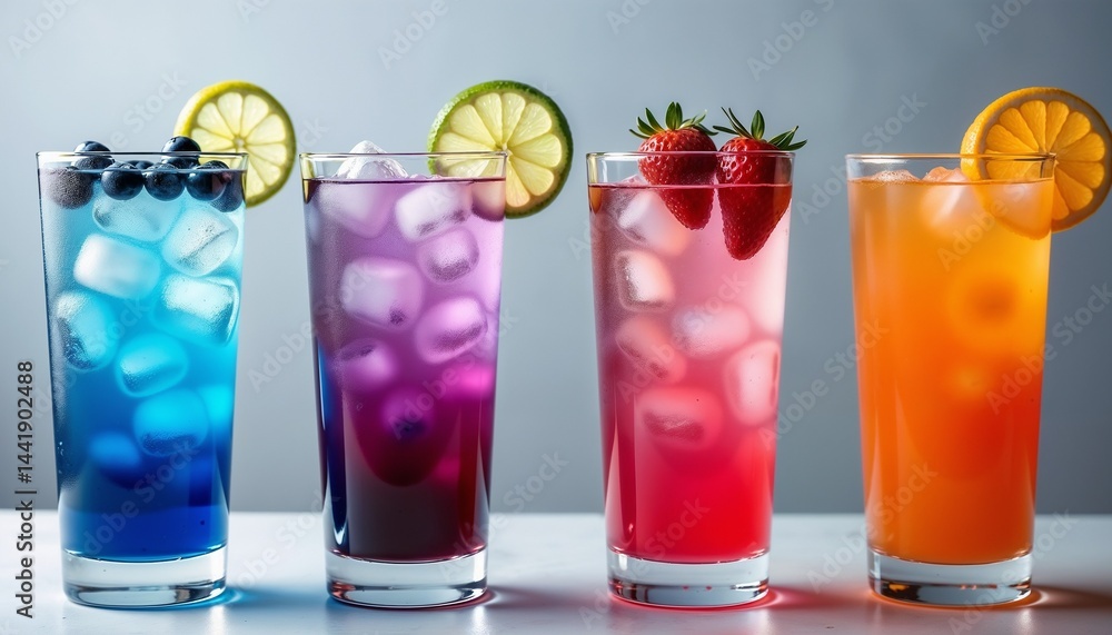 Colorful fruit-based beverages displayed on a countertop with ice during a bright afternoon