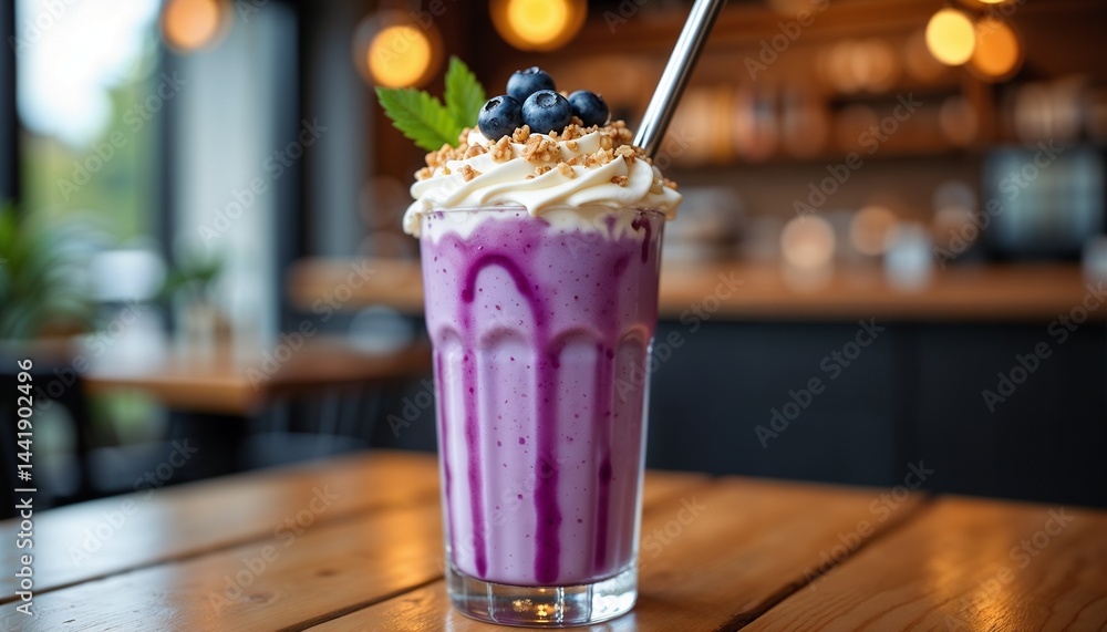 Delicious blueberry shake topped with cream and granola in a cozy cafe setting