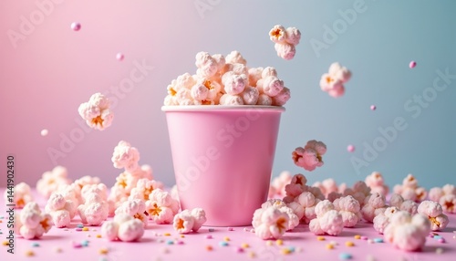 Obraz na płótnie Colorful popcorn spilling from a pink cup on a pastel background during a cheerful snack time w salonie
