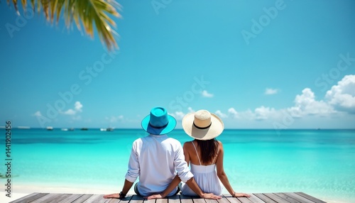 Couple enjoying a peaceful moment by the turquoise sea on a sunny beach afternoon