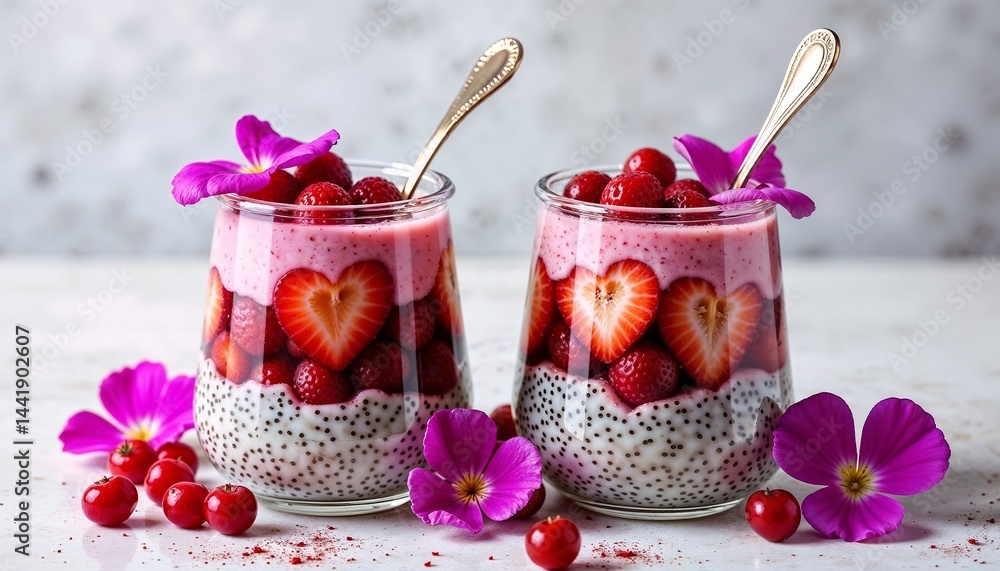 Fruit parfait with strawberries and raspberries decorated with edible flowers on a marble table