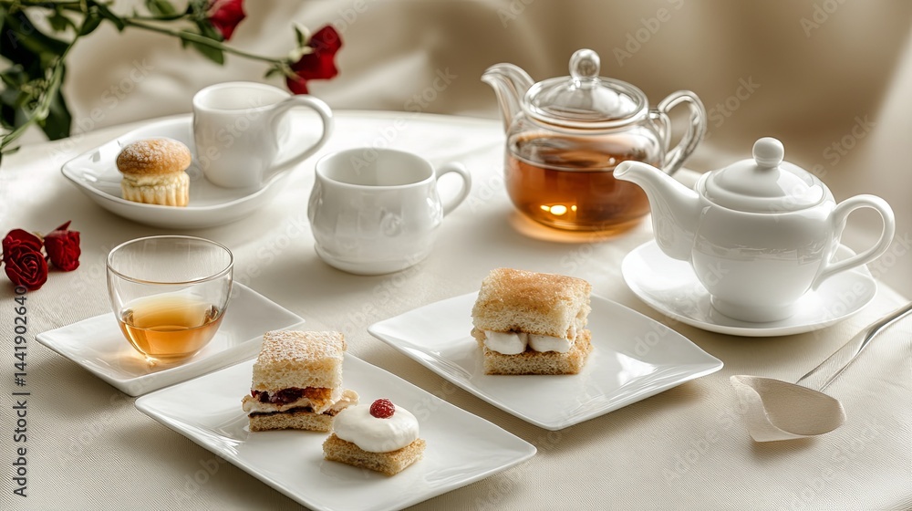 Deluxe afternoon tea set with fine teas, delicate finger sandwiches, and pastries.. Deluxe afternoon tea set with fine teas, delicate finger sandwiches, and pastries..