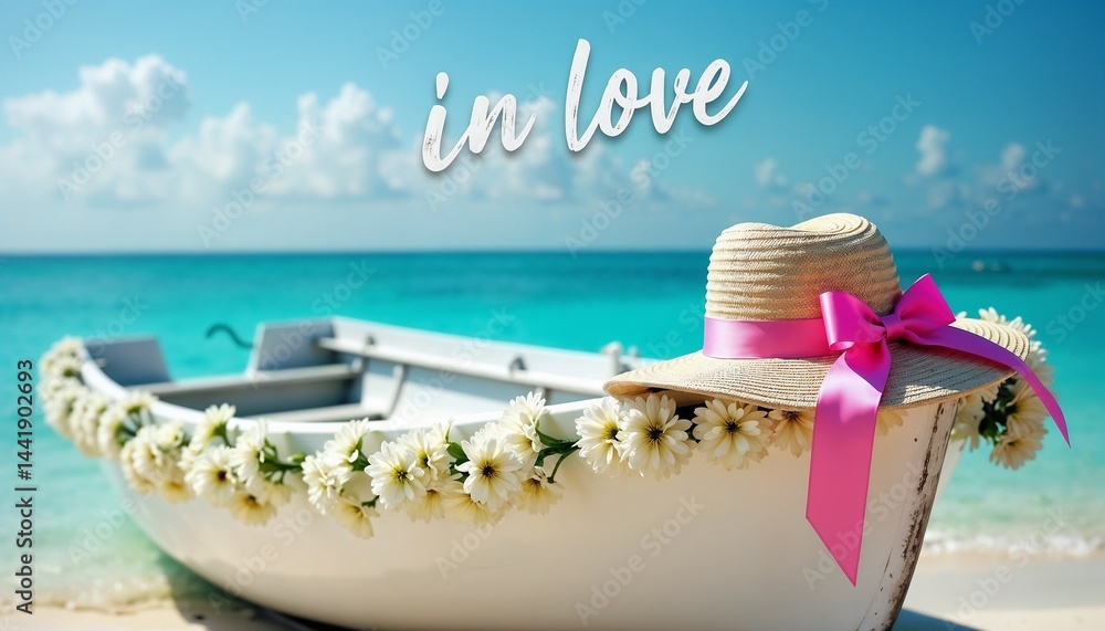 Beautiful boat adorned with flowers and a hat on a serene beach under a clear sky