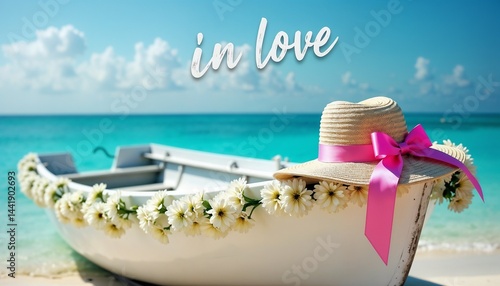 Obraz na płótnie Beautiful boat adorned with flowers and a hat on a serene beach under a clear sky w salonie