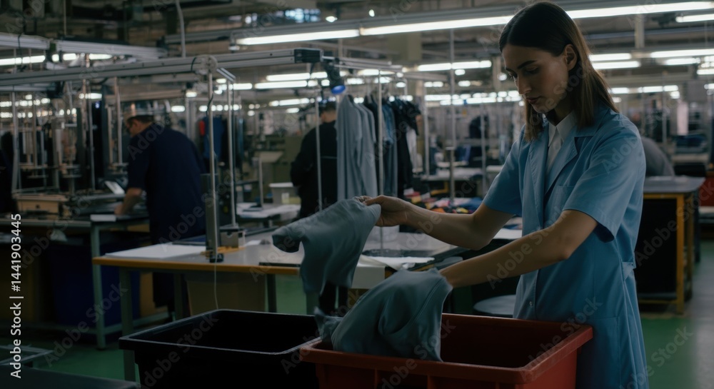 Female worker sorting garments in industrial factory setting Female worker sorting garments in industrial factory setting