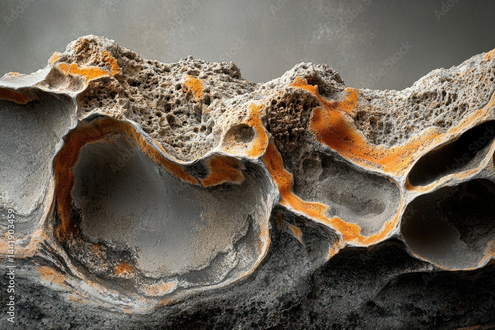Fototapeta premium Eroded rock formation with intricate textures and orange accents, showcasing nature's artistry.