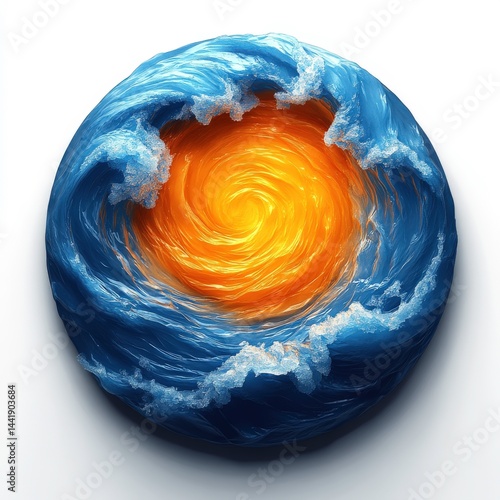 Vibrant ocean swirl with a deep orange sun at the center depicting a dynamic interplay between water and light