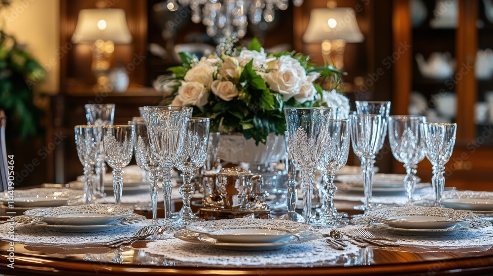 An elegant and luxurious image of guipure lace placemats and coasters adorning a dining table in a formal dining room. The table is set with fine china, crystal glassware, and silver cutlery An elegant and luxurious image of guipure lace placemats and coasters adorning a dining table in a formal dining room. The table is set with fine china, crystal glassware, and silver cutlery