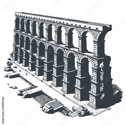 Overgrown Roman aqueduct with lush vegetation, a symbol of historical ruins and ancient stone architecture surrounded by nature