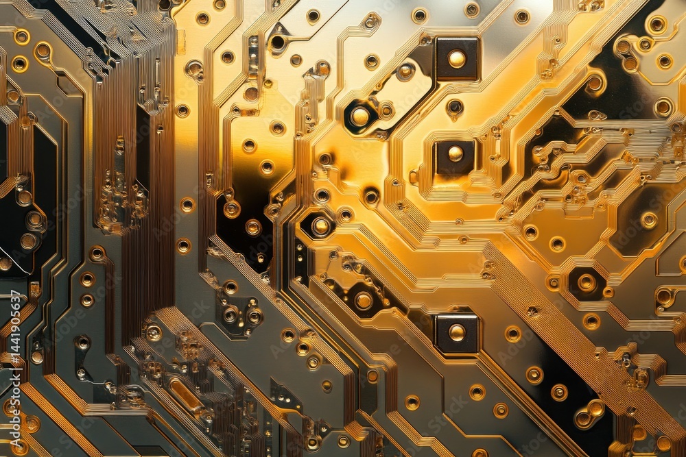 Fototapeta premium Close-up of a golden circuit board showcasing intricate pathways and components.