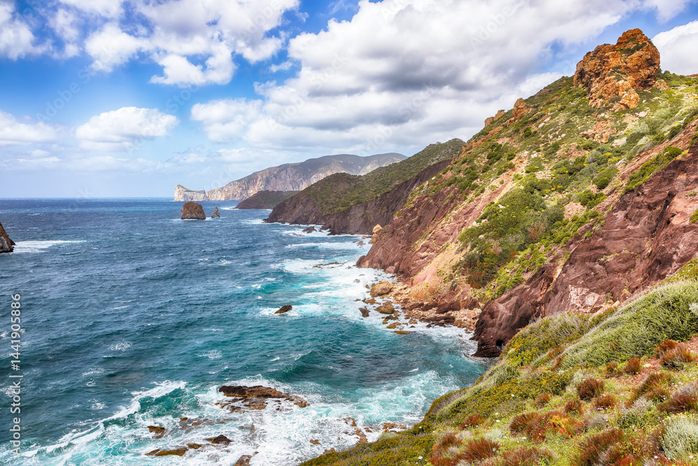 Unbelivable spring view of Nebida and Masua coast and Pan Di Zucchero on background.