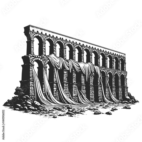 Roman aqueduct partially covered with ivy and moss, standing tall amidst the ruins and showcasing timeless ancient architecture