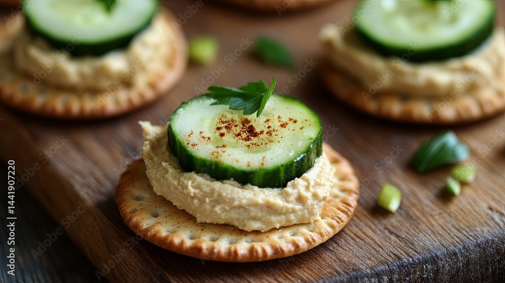 Cucumber and hummus on whole grain crackers. Cucumber and hummus on whole grain crackers.