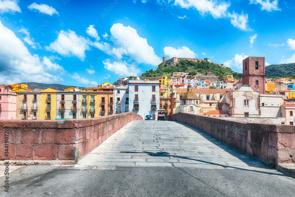 Unbelivable cityscape of Bosa town with Ponte Vecchio bridge across the Temo river.