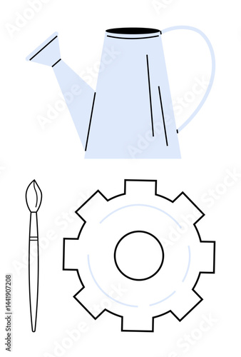 Watering can symbolizes growth, brush creativity, and gear productivity. Ideal for innovation, team building, problem-solving, education, creativity workshops, personal growth and simple landing