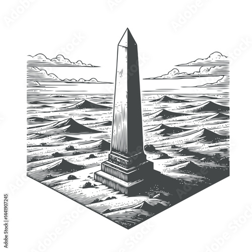 Lonely stone obelisk with weathered details, standing proudly amidst rolling fields, symbolizing history, elegance, and solitude.