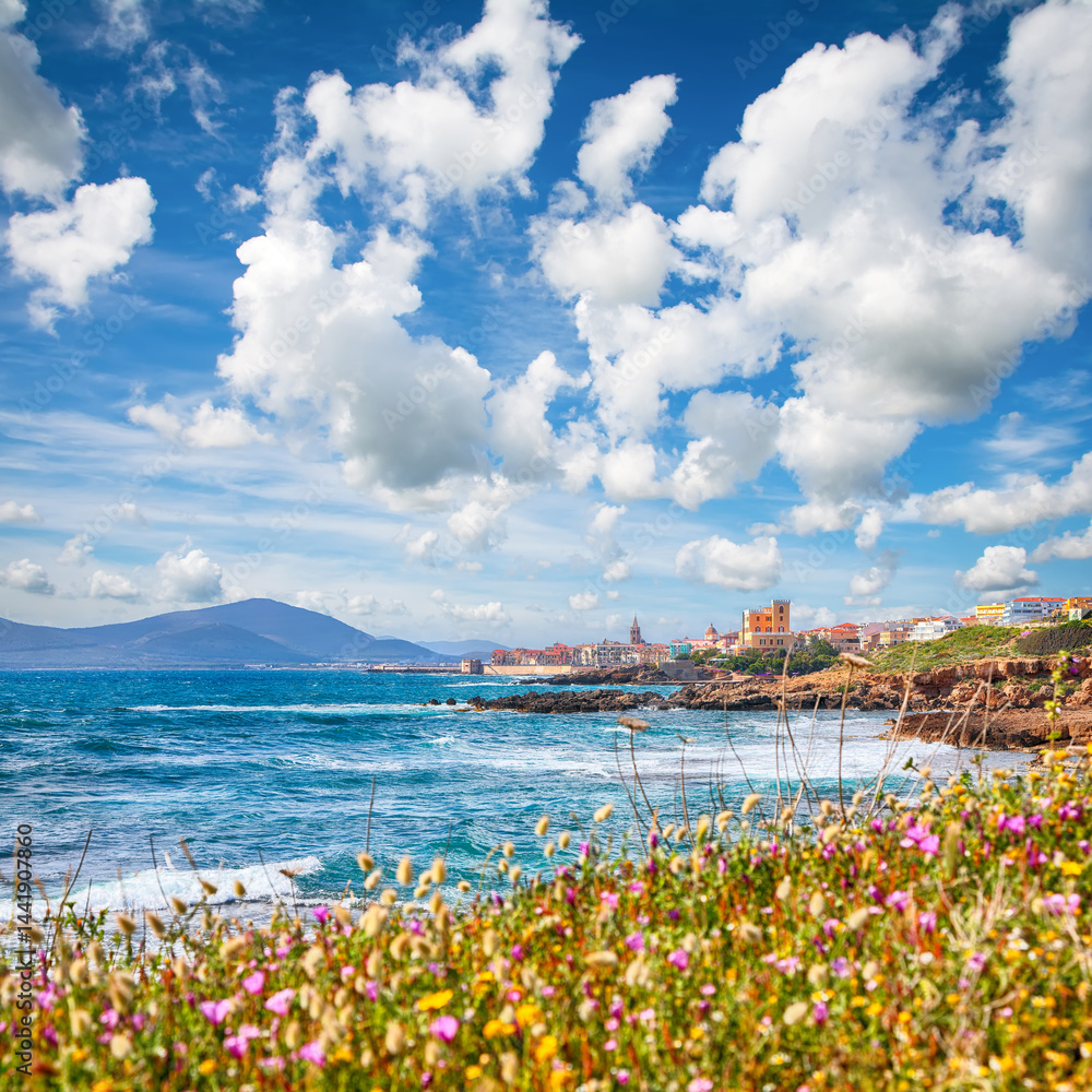 Astonishing spring cityscape of Alghero town at morning.