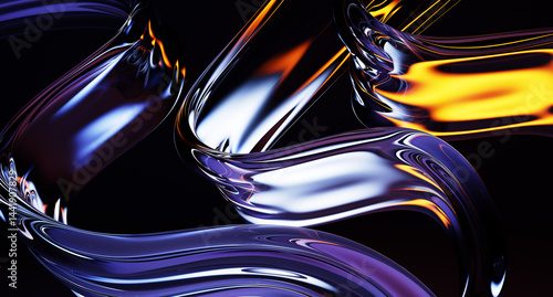 Fototapeta Naklejka Na Ścianę i Meble -  3d abstract liquid glass transparent wave streams on black background. Chromatic fluid flow curve shapes, water ribbons with colorful light iridescent neon holographic gradient render. 3D illustration