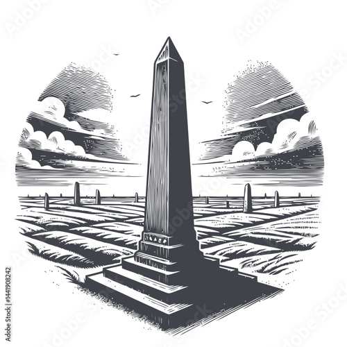 Solitary stone obelisk in a peaceful setting, showcasing the beauty of historical monuments in harmony with nature and the skies.