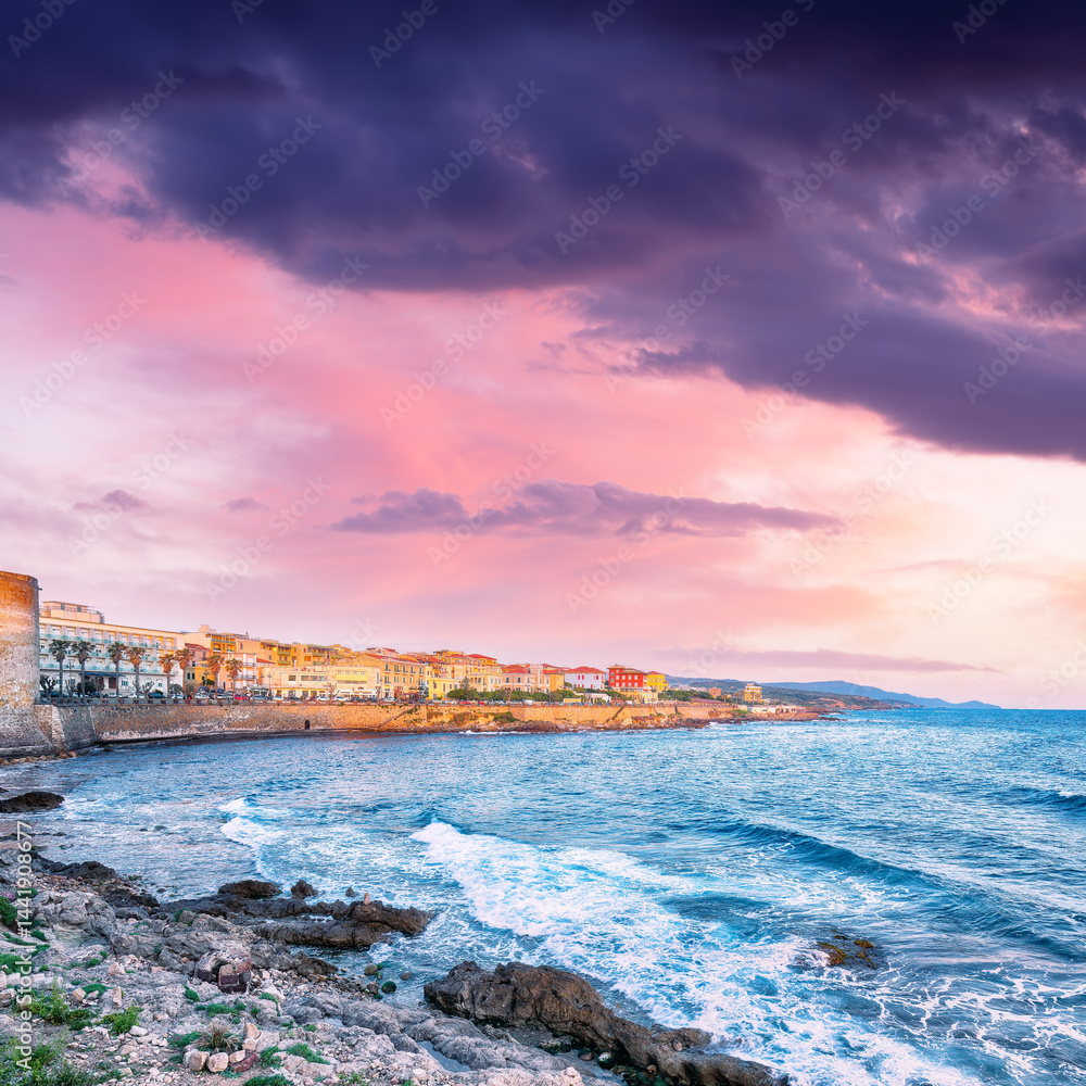 Amazing evening cityscape of historical part of Alghero town.