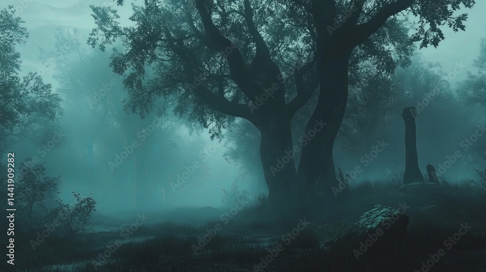 Foggy forest with ancient trees.. Foggy forest with ancient trees..