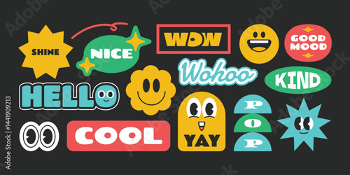 Trendy and groovy stickers, patch, badges with good tones vibes words. Collection of colorful funny shape character.
