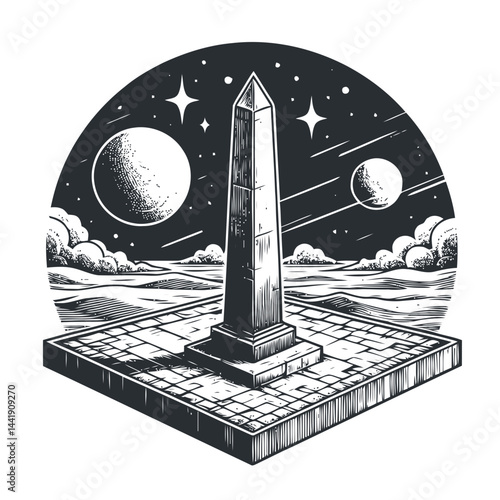 Lonely stone obelisk in a scenic field, highlighting the grandeur of historical monuments in harmony with nature.