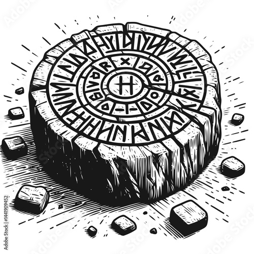 A worn Viking runestone with weathered textures and runic engravings, reflecting the deep-rooted history and legacy of Norse civilization