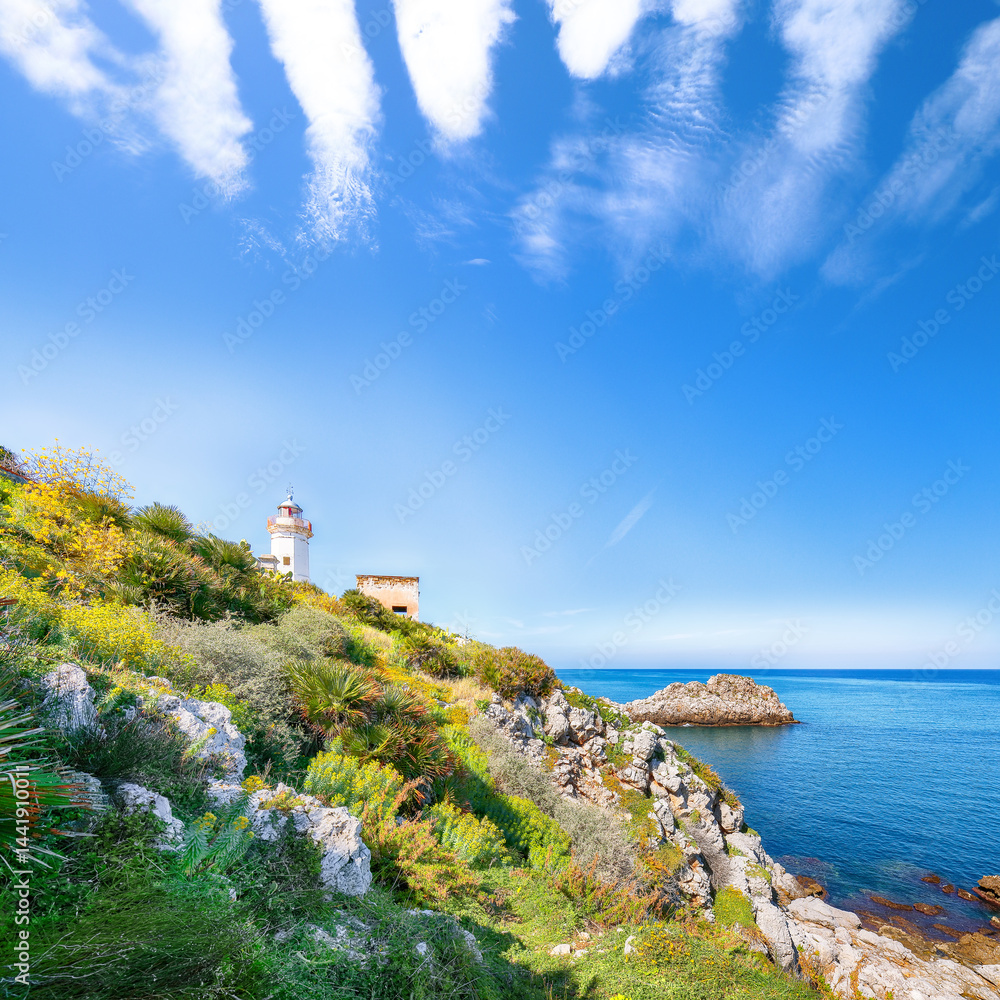 Splendid sunny day over Capo Zafferano Lighthouse