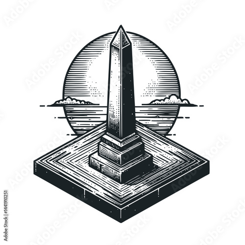Classic stone obelisk in a quiet meadow, portraying historical elegance and the serene coexistence of nature and man-made art.