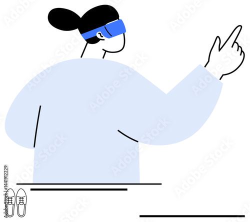 Woman wearing blue VR headset interacts with virtual environment by pointing. Ideal for innovation, technology, VR, augmented reality, futuristic concepts, immersive experiences, exploration. Flat