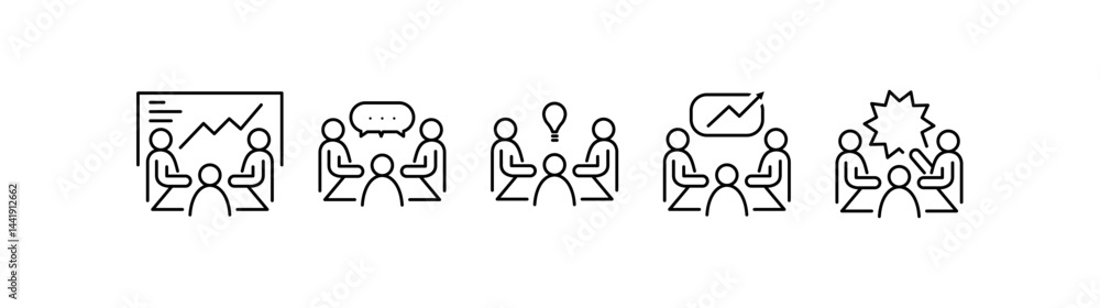 Business Teamwork Line Icons. Meeting, Presentation, Collaboration, Discussion, Brainstorming, Corporate Communication Vector Set Business Teamwork Line Icons. Meeting, Presentation, Collaboration, Discussion, Brainstorming, Corporate Communication Vector Set
