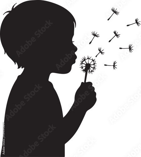 silhouette design of a child blowing dandelion seeds vector art illustration