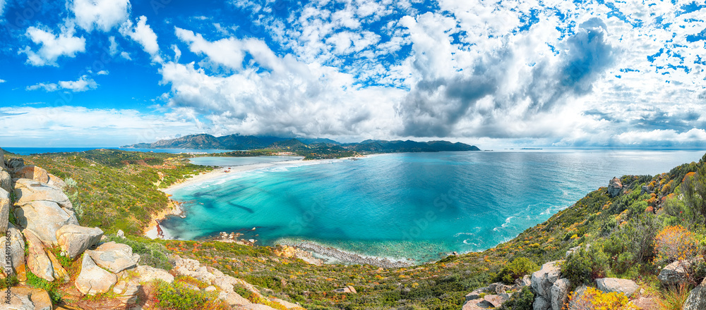 Exciting view on Lagoon of Porto Giunco with turquoise water.
