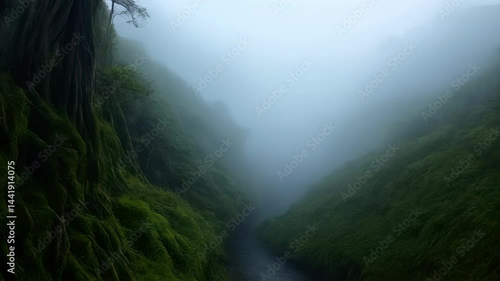 Misty river flowing between lush green hills covered in moss, a concept for nature documentaries and travel brochures
