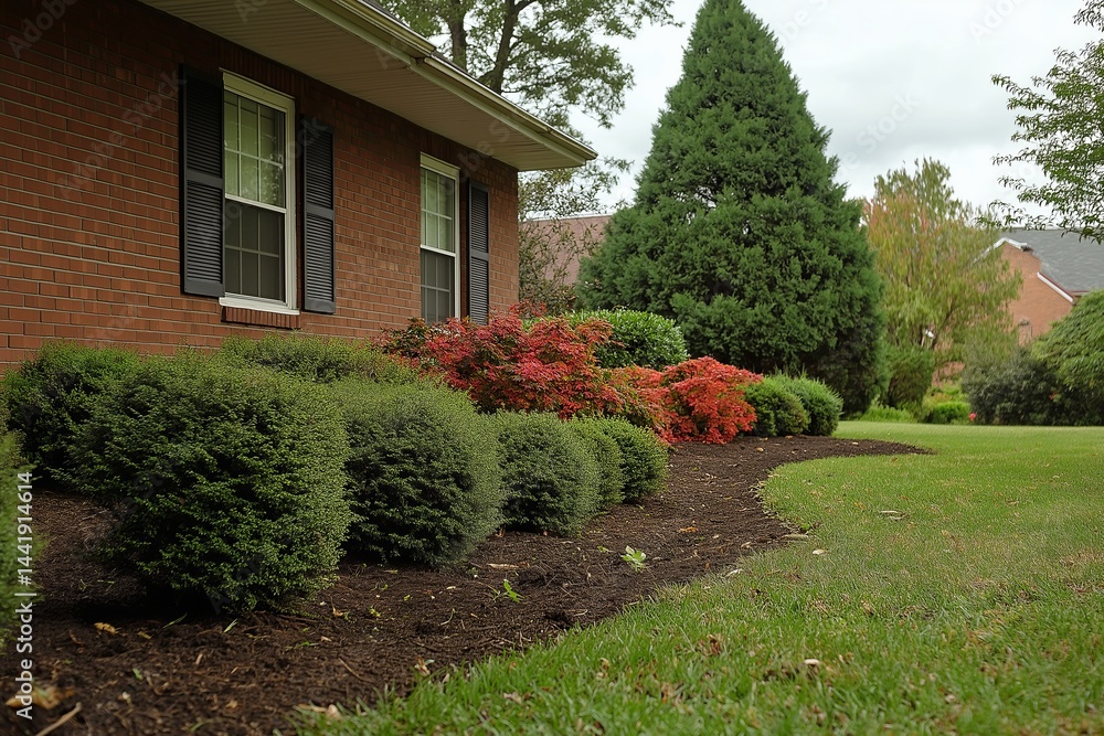 Naklejka premium Manicured shrubs and colorful bushes line the side of a red brick house with a green lawn and trees