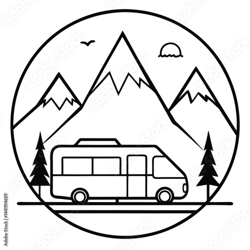 Camping Vehicle RV, camper van, trailer, roof tent vector Silhouette Line art illustration 