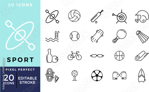 Sport Icon Set – 20 Flat Outline Vector Icons Editable Stroke of water sport, beach, outdoor, indoor, extreme sports symbols