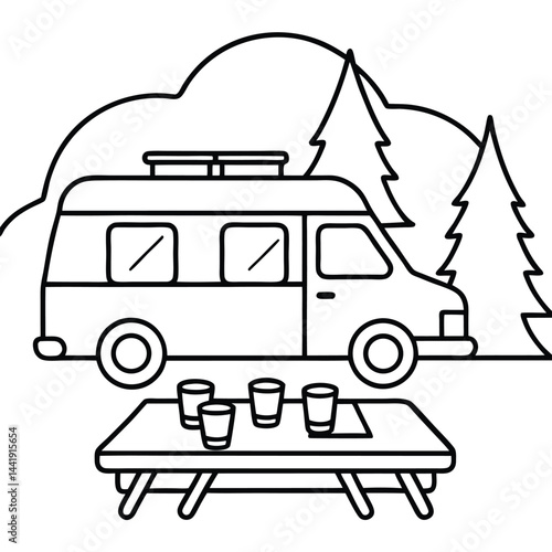 Camping Vehicle RV, camper van, trailer, roof tent vector Silhouette Line art illustration 