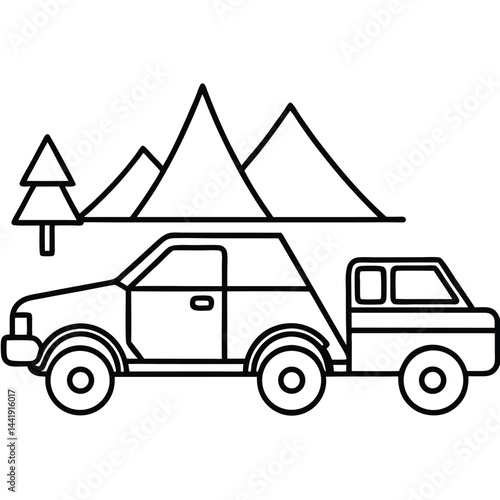 Camping Vehicle RV, camper van, trailer, roof tent vector Silhouette Line art illustration 