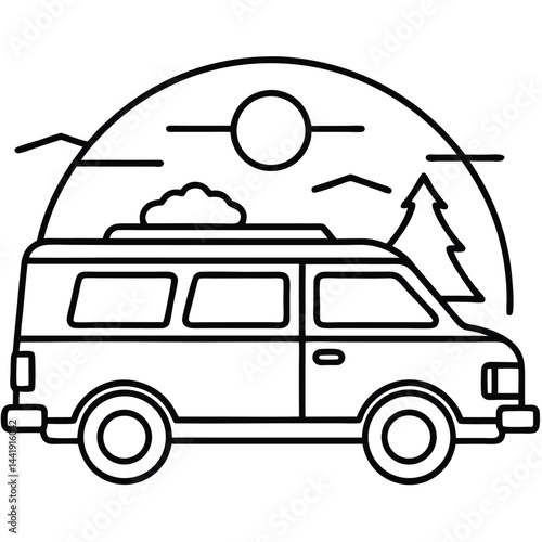 Camping Vehicle RV, camper van, trailer, roof tent vector Silhouette Line art illustration 
