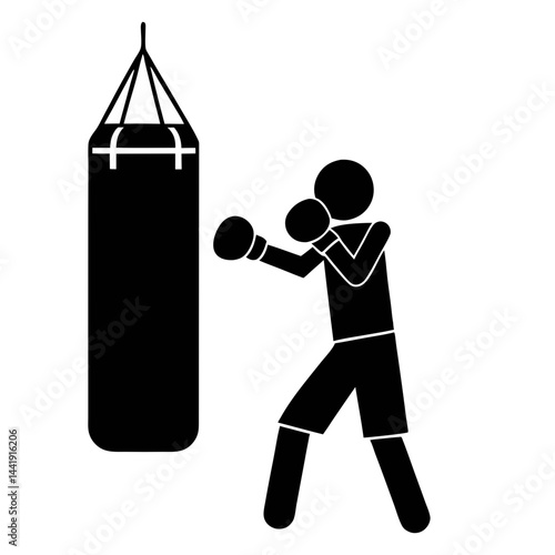 Black Silhouette Of Boxer Training With Punching Bag Vector Illustration