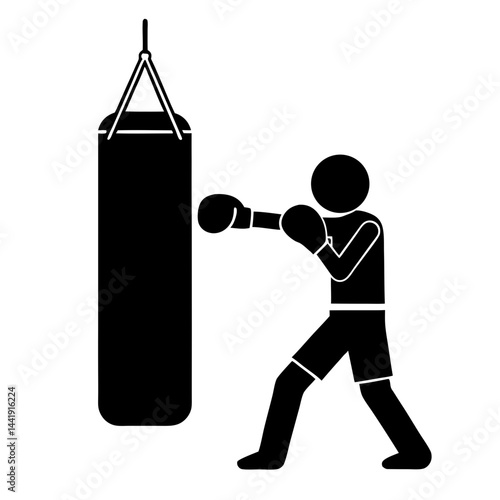Boxer Training With Punching Bag Silhouette Vector Graphic Illustration